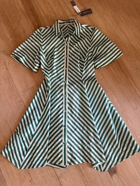 Lela Rose Forest Green & White Striped taffeta Flare Hem Shirt Dress, size 4